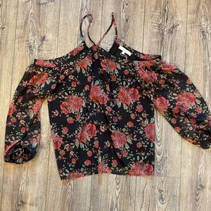 “Wayf” Cold Shoulder Floral Blouse Metallic Thread